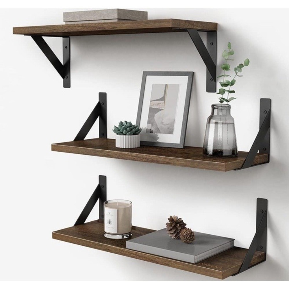 Lot Of 2 Rustic Brown Floating Book Shelf Wall Set of 3 17" Wood Bookshelf